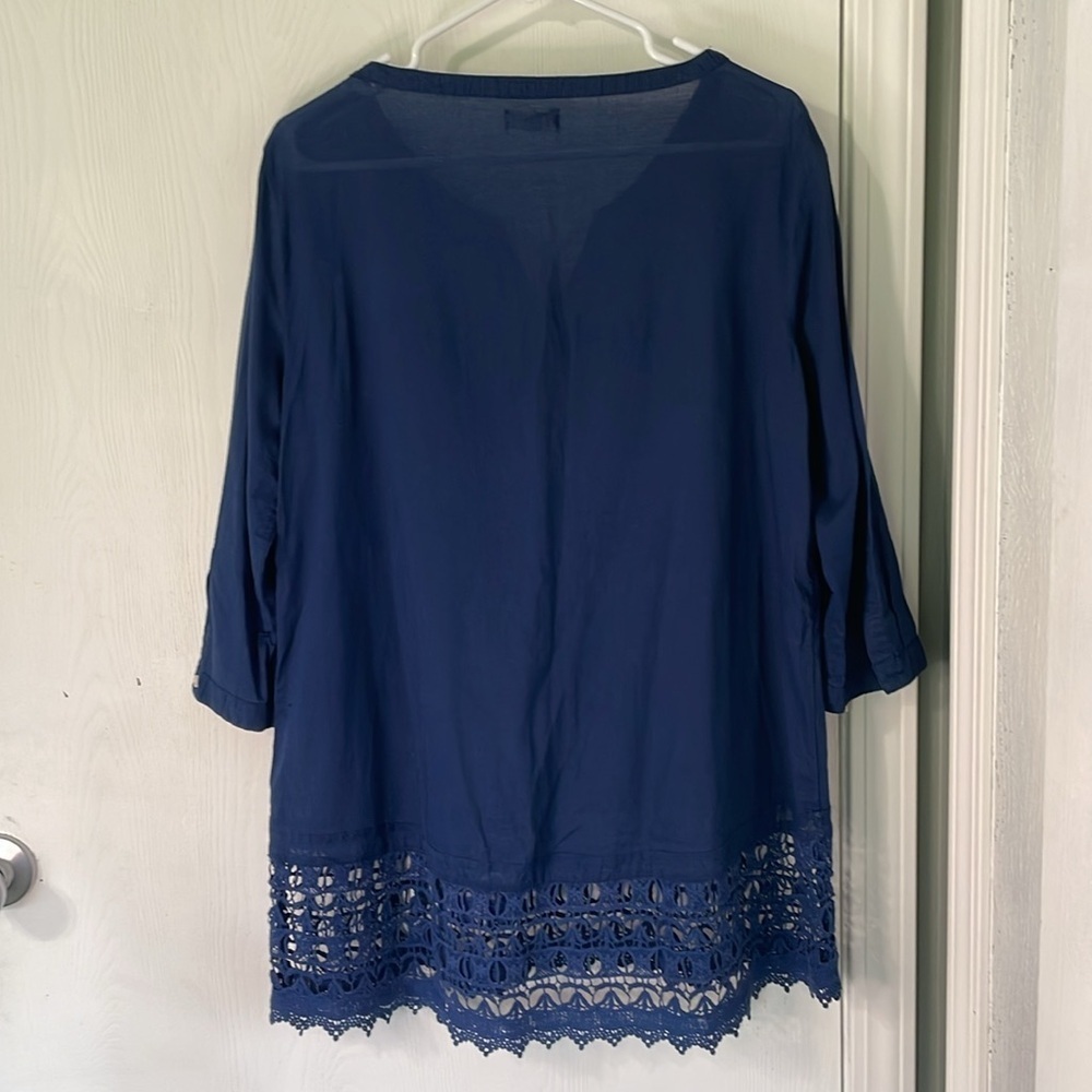 💰Aerie Tunic Linen Navy Blue Women's Oversized Top with Lace Hem Size Medium - Picture 7 of 7